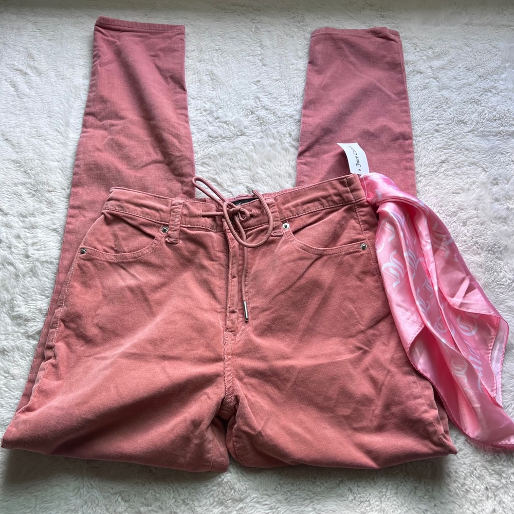Juicy Couture Newport Skinny Corduroy Pants Pink High Rise Scarf Size 26 NEW